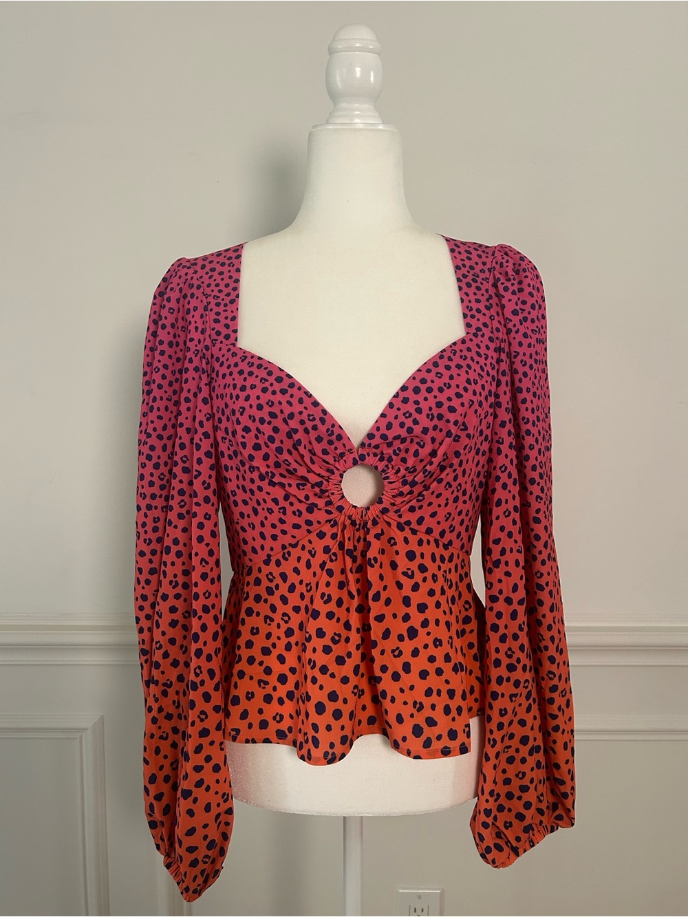 AFRM Medium Pink and Orange Leopard Ring-Front Peplum Blouse